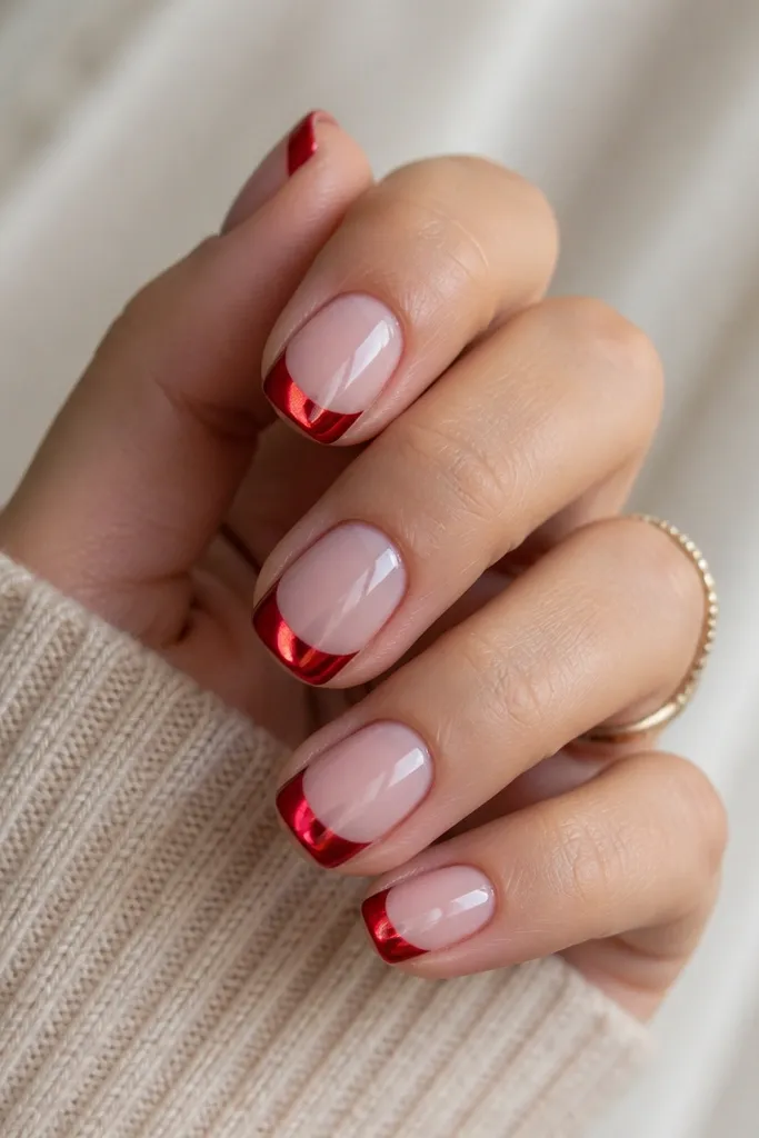 Short square nails with a milky rose nude base. The tips are a glossy cherry red French curve. Each red tip has a bright vertical cat-eye stripe in the center that glows under light, with a clean white-less separation line where the French meets the nude.