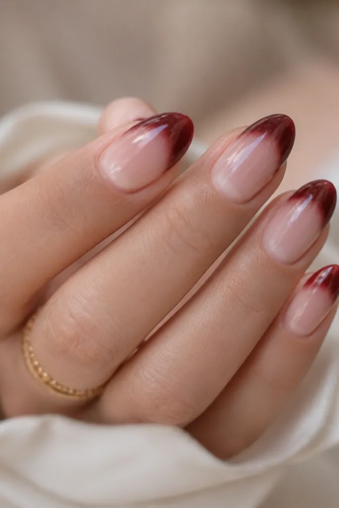 Medium-length almond nails. The base is sheer nude with a faint, natural half-moon near the cuticle. The French tips are wine red, and the cat-eye stripe runs vertically down the tip, darker at the edges. The French boundary is soft and blended, not a hard line.