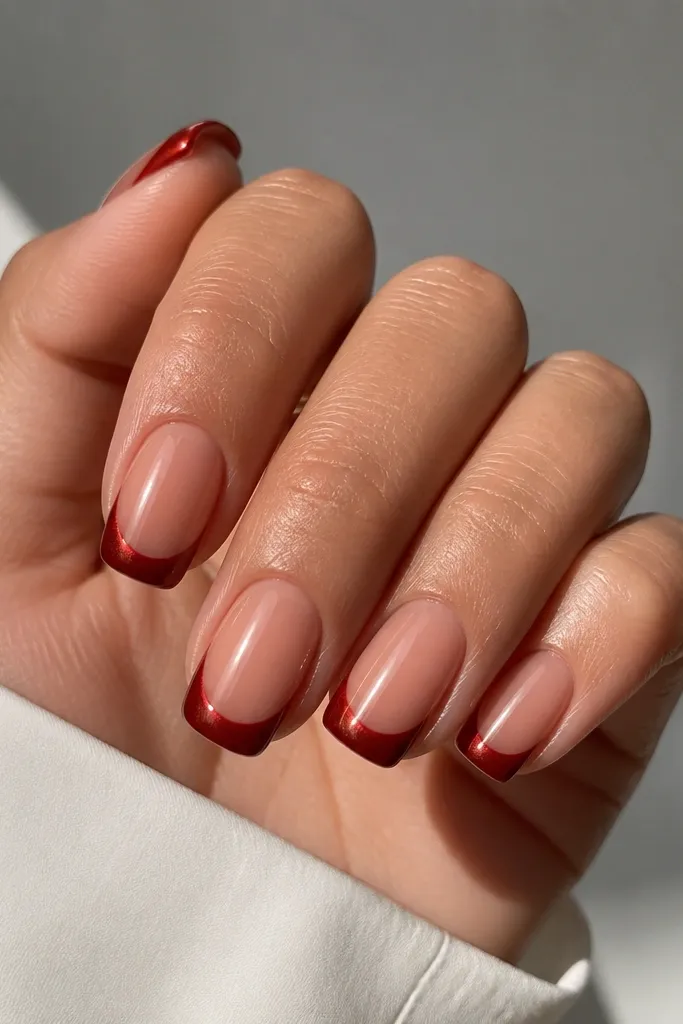 Short-to-medium squoval nails. Warm nude base with a slightly peach tone. French tips are brick red and glossy. The cat-eye stripe is bright and narrow, centered in each tip, and the sides of the tip are darker red.