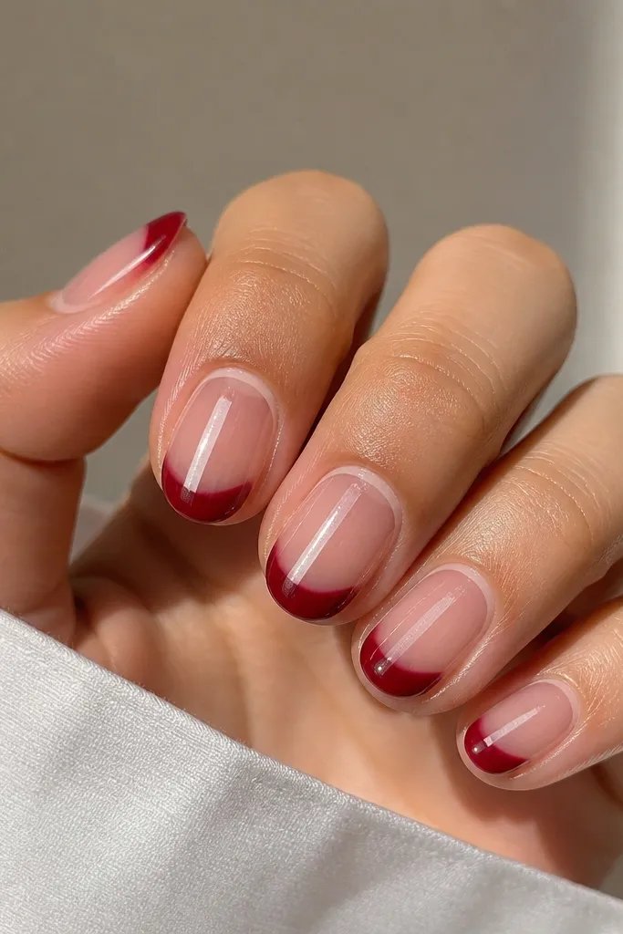 Short round nails. A nude pink base surrounds the cuticle like a thin frame, while the rest of the nail is sheer. Deep scarlet French tips are curved and glossy. The cat-eye stripe is bright and centered, and there's a thin line of lighter nude near the cuticle boundary.