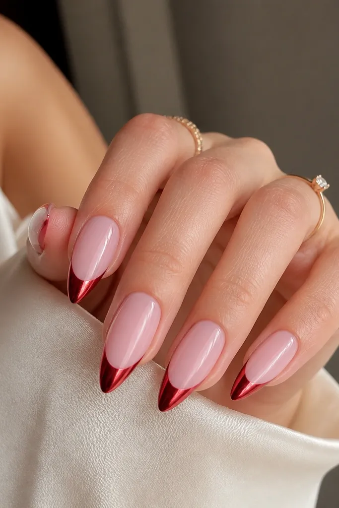 Medium-length stilettos with a rose quartz pink base that looks milky and softly reflective. The French tips are red chrome cat-eye, showing a bright metallic beam down the center. The tip sides look darker and slightly reflective, with a crisp French curve.