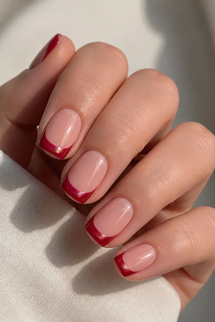 Short squoval nails with a peachy nude base. French tips are cranberry red with a glossy cat-eye stripe centered. The top coat looks extra glossy, and the French edge is clean and slightly thinner than the tip fill.