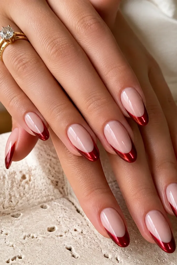 Medium almond nails. The center of the nail has a milky nude base, while the sides near the French area have negative space. Cherry red cat-eye French tips sit across the top with the cat-eye stripe centered, and the sides show nude gaps that look like thin vertical lines.