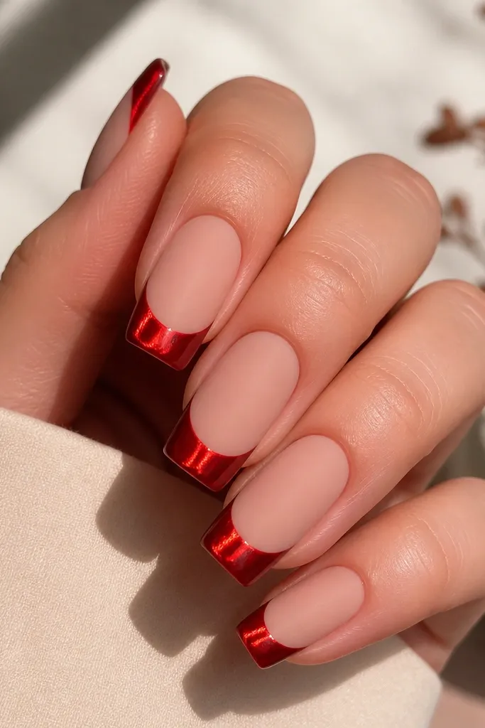 Short coffin nails with a satin matte nude base that looks soft and velvety. The French tips are glossy red cat-eye with a centered bright stripe. The contrast between matte base and glossy tips is obvious, and the French boundary is clean.