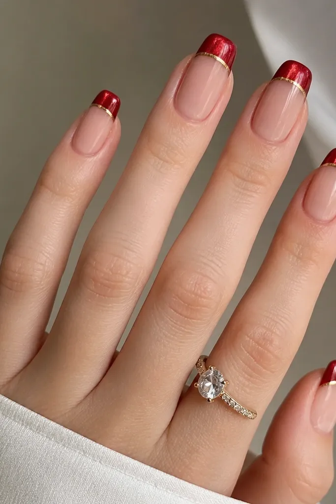 Medium squoval nails with a sheer nude base. French tips are classic red with a centered cat-eye stripe. A thin gold micro-line sits right at the French boundary on each nail, like a fine bracelet line.