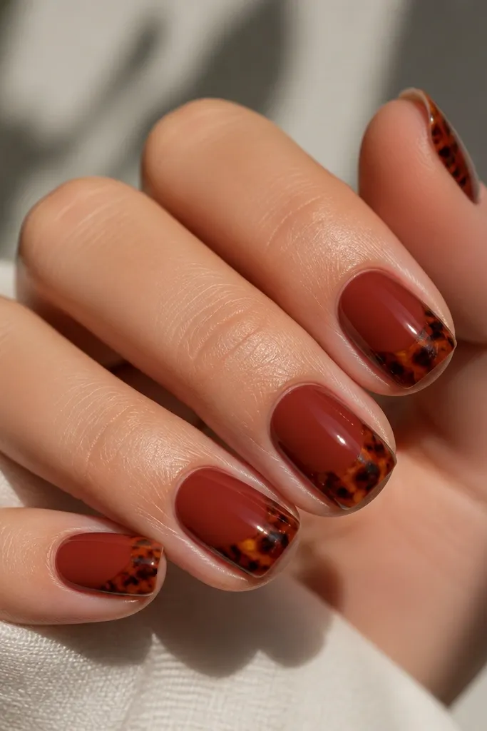 A close-up of short, squoval nails painted in a warm brick-red base. The tortoise pattern clusters at the tips with tiny black-brown vein lines radiating slightly outward. The center of each nail stays cleaner and more solid, with a glossy finish.