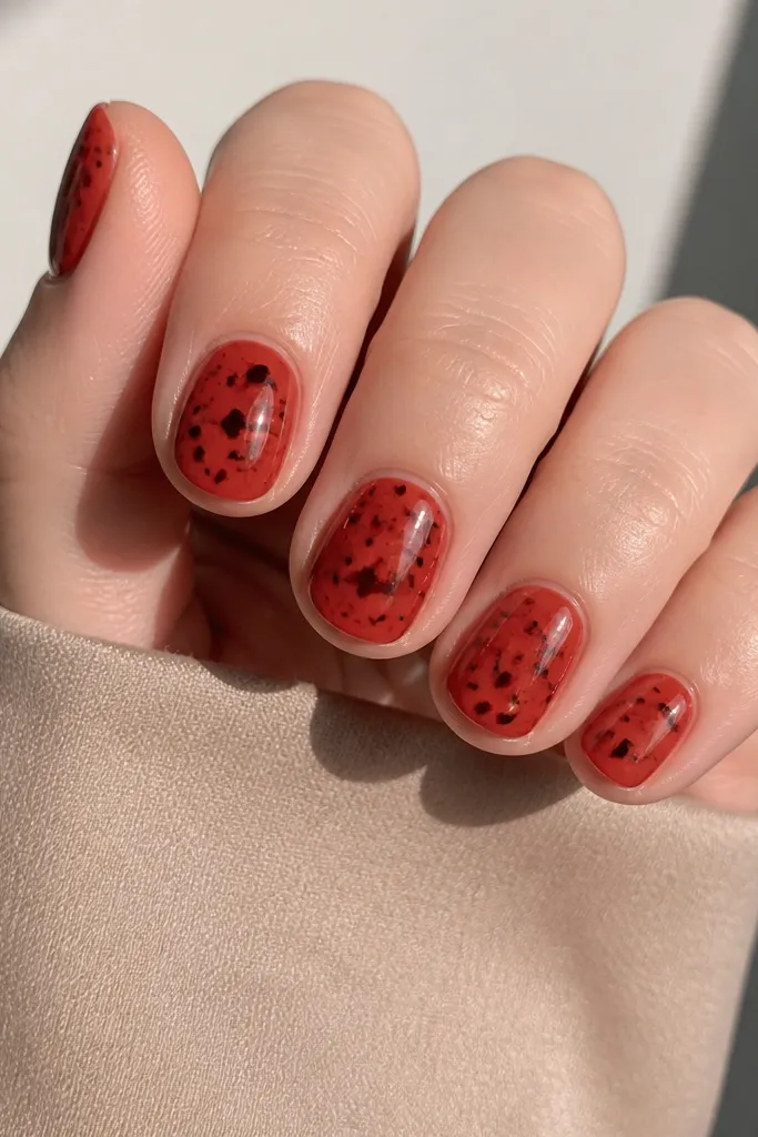 Short round nails with a sheer red jelly base. Small tortoise dots and tiny maroon-brown fragments scatter across the nail like confetti, with some negative space showing through. The top coat is glossy and smooth, with no heavy bulk.