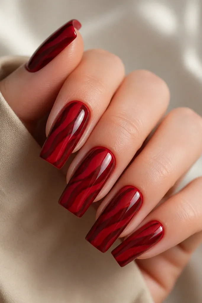 Long square nails painted in true red. Maroon tortoise shell shapes sweep in gentle waves from the cuticle toward the free edge, with subtle black-brown shading between wave bands. The finish is glossy, reflecting light in smooth streaks.