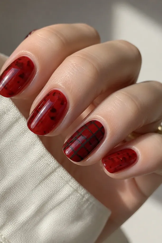 Four nails are sheer red jelly with small tortoise fragments. The ring finger is the statement: a red tortoise checkerboard pattern in maroon and dark brown squares with thin black lines. The other nails have lighter, spaced pieces and all nails are glossy.