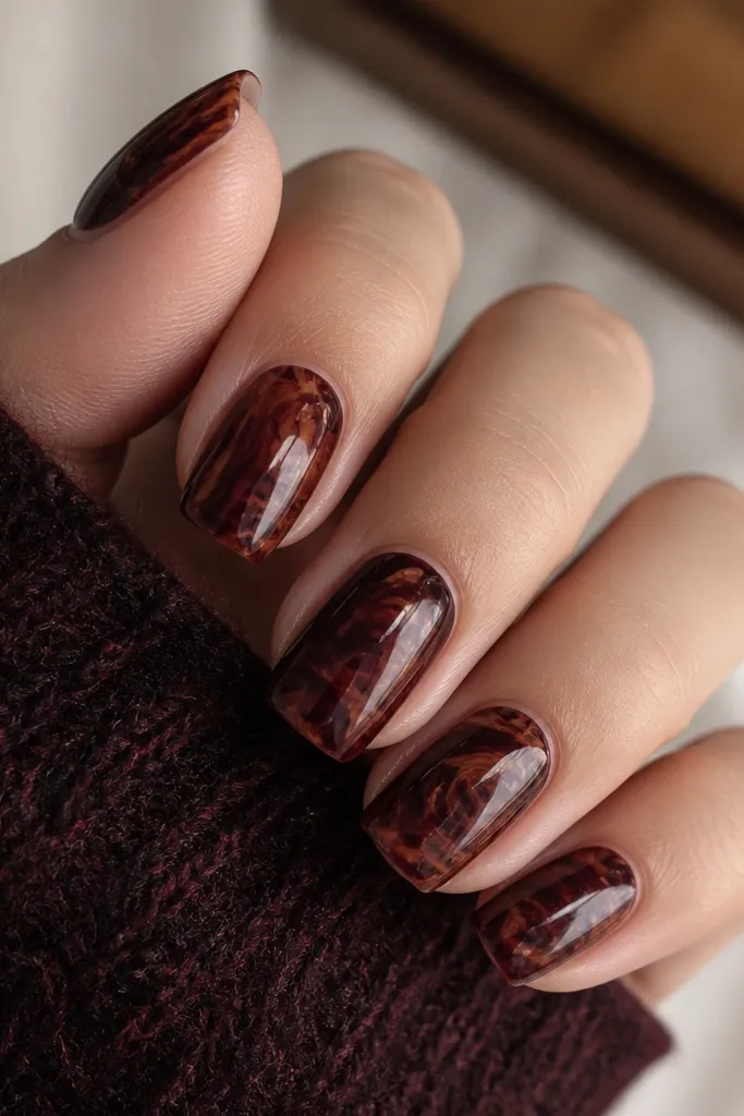 Medium squoval nails with a deep dark-red base. The tortoise pattern looks like marble veins and swirling islands in cinnamon-brown and black-brown, with feathered edges. The surface is glossy and smooth, with the marble lines slightly raised only by the pattern layering.