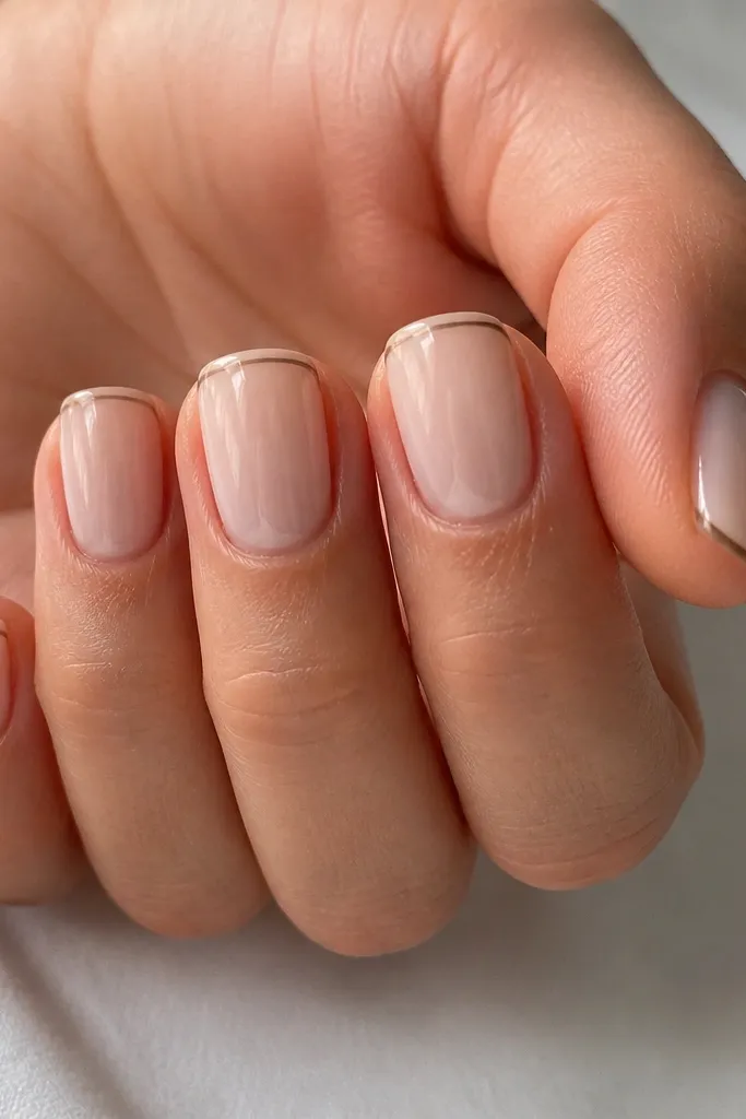 A close-up of short squoval nails painted in a milky nude. Each nail has one ultra-thin dark taupe line along the very edge of the tip, perfectly centered. The cuticle area is clean and glossy under bright light.
