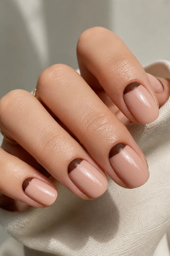Nails are nude and glossy. Each nail has a curved half-moon shape in chocolate brown at the base of the nail, following the natural cuticle curve. Edges are crisp and symmetrical.