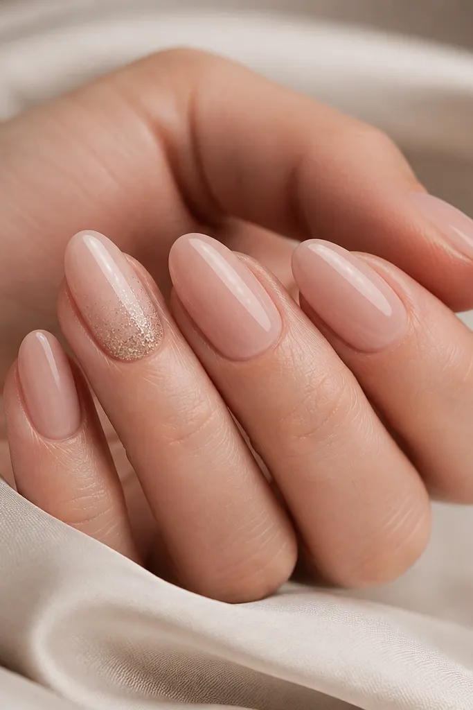Four nails are plain nude glossy. One accent nail has a champagne glitter fade that starts at mid-nail and becomes denser toward the tip, with a smooth gradient and no harsh line.