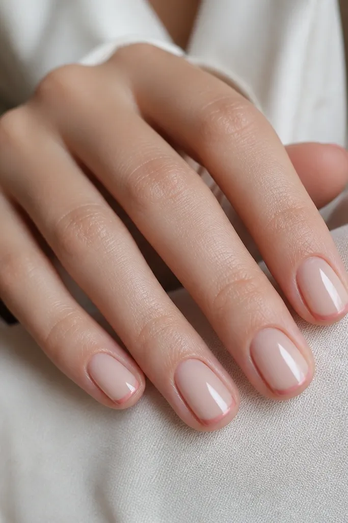 Short squoval nails with a nude base. The tips have a French curve painted in soft rose, slightly thinner than a standard French, and the overall finish is glossy and clean.