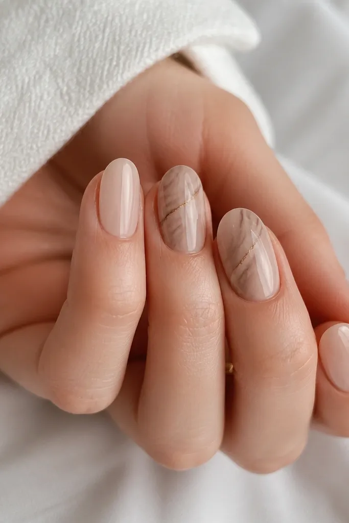 Nails are milky nude. Two accent nails have a simple taupe marble look made with soft swirls and one distinct thin vein line, while the other nails stay plain glossy.