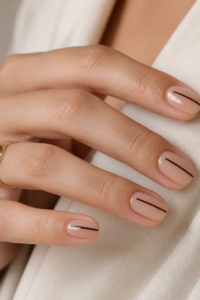 Nails are nude and glossy. Each nail has a single skinny vertical stripe in black-brown centered from near the base to the tip. The stripe is straight and the rest of the nail is clear-polished smooth.