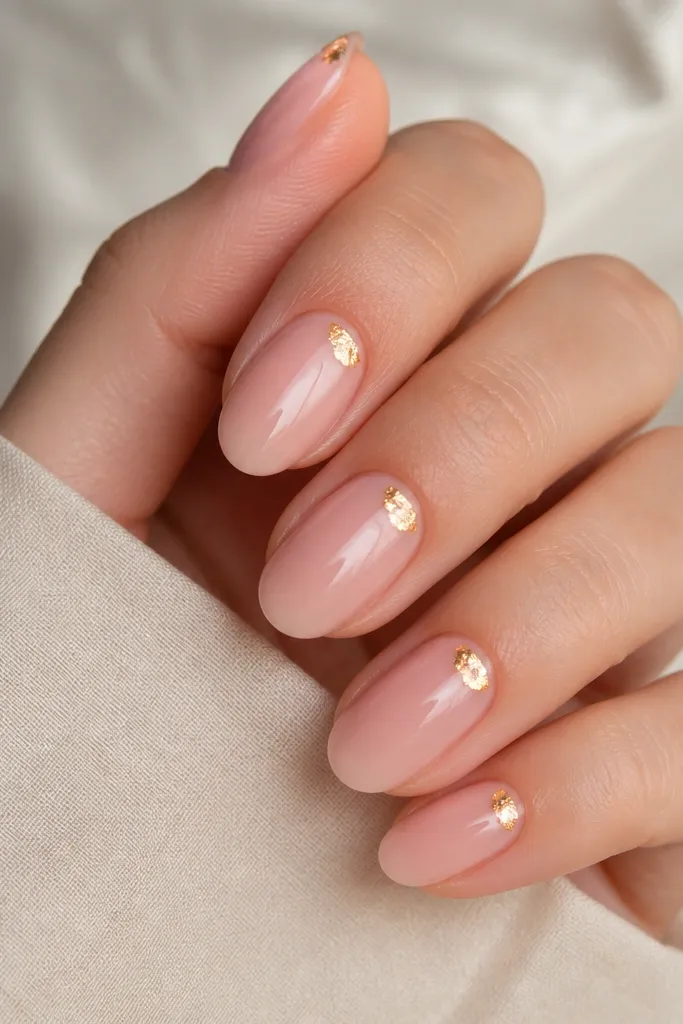 Rose nude nails in glossy finish. On each nail, a small gold foil flake sits at one top corner of the tip (near the outer edge), leaving the rest of the nail clean.