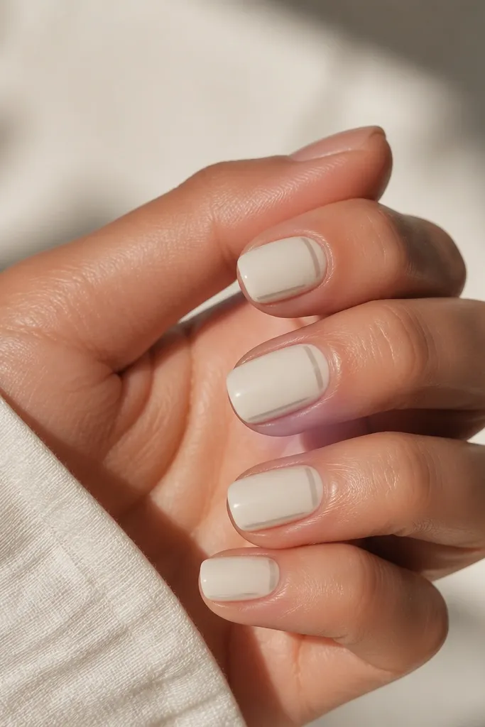 Creamy white nails with a glossy finish. Each nail has one thin side line in pale gray drawn along one sidewall, starting near the base and stopping before the tip edge.