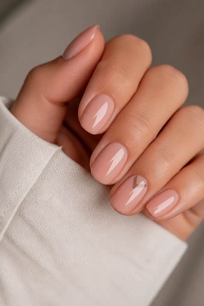 Nails are nude and glossy. One accent nail has a tiny V-shaped chevron made with soft brown polish right at the cuticle area, symmetrical and very small, like a mini crown.