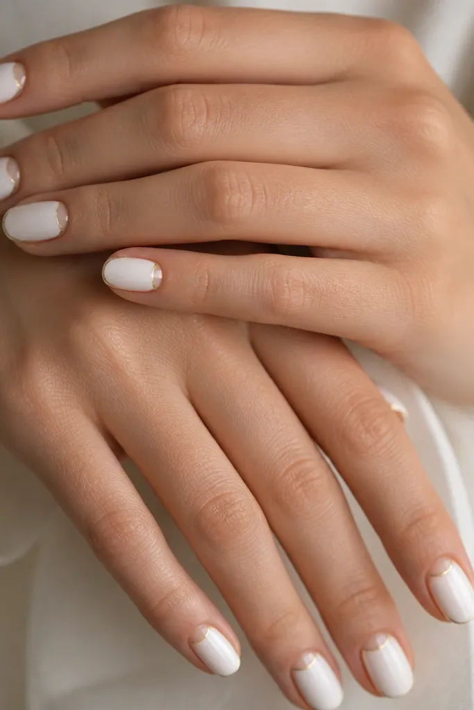Short, square nails painted opaque snow-white. The cuticle area is left as a clean half-moon negative space, and a thin gold line traces the edge of the half-moon. The rest of the nail is solid white with a glossy top coat.