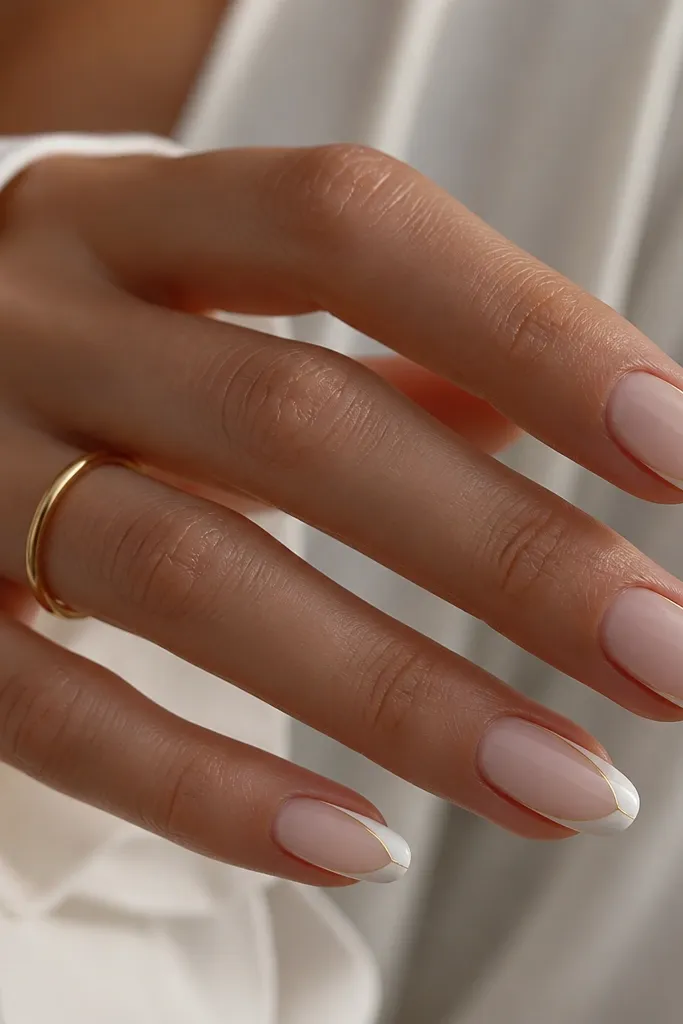 Medium-length almond nails with a milky white French tip. Each tip has a single thin gold stripe running vertically down one side of the nail, stopping before the cuticle. The base is nude-beige, and the tips look crisp with a glossy finish.
