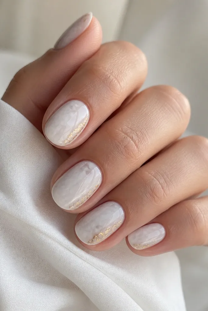 Short oval nails with a milky white marble base. Veins are soft gray-white swirls, not harsh lines. A few tiny gold specks sit along one edge of the marble, with a glossy top coat.
