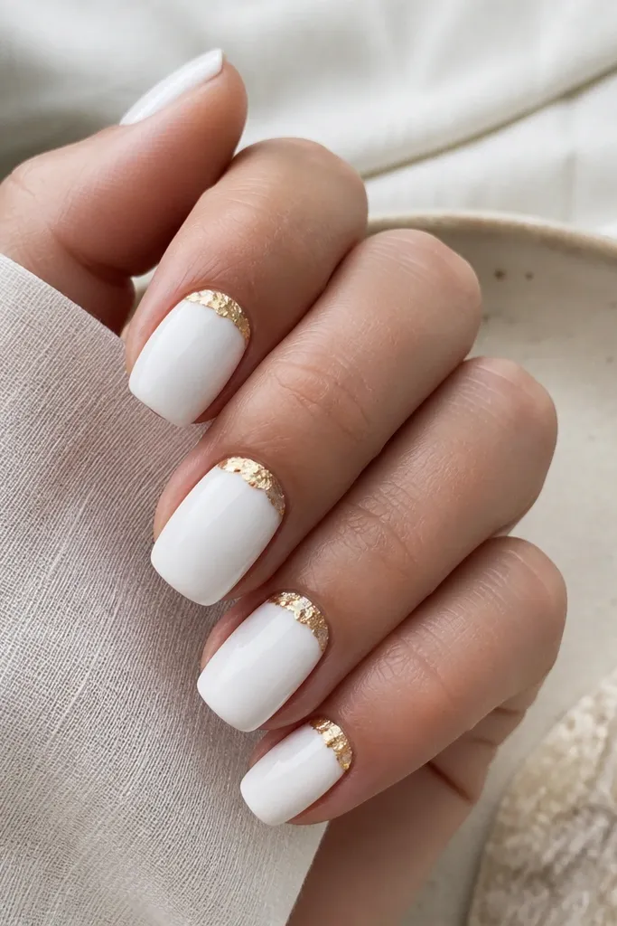 Short squoval nails painted fully opaque white. At the cuticle on each nail, there is a crescent of irregular gold foil that looks like a tiny broken piece of metal. The rest of the nail is smooth and glossy.
