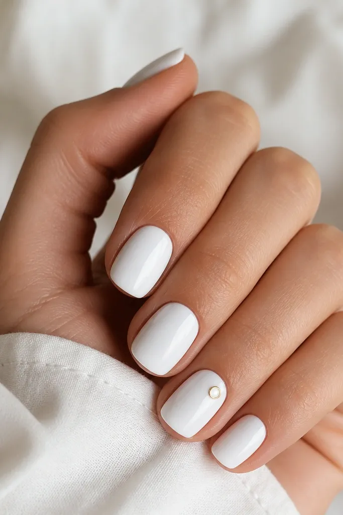 All nails are glossy opaque white. On the ring finger only, there is a single tiny white dot with a thin gold outline, centered slightly toward the side. Other nails stay plain white.