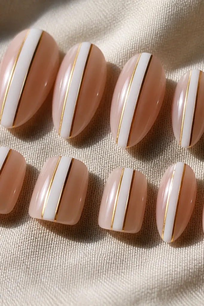 Nails are sheer nude with a glossy finish. A crisp vertical white line runs down the center of each nail, reaching from near the cuticle to the tip. Thin gold lines sit on both sides of the white line like narrow borders.
