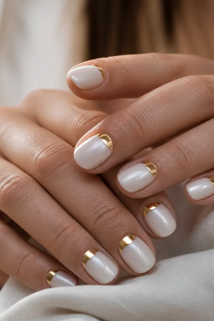 Short oval nails with a softly glazed white finish that looks slightly dimensional (not flat). On each nail, there is a gold chrome half-moon near the cuticle, with a smooth mirror shine. Everything is glossy.