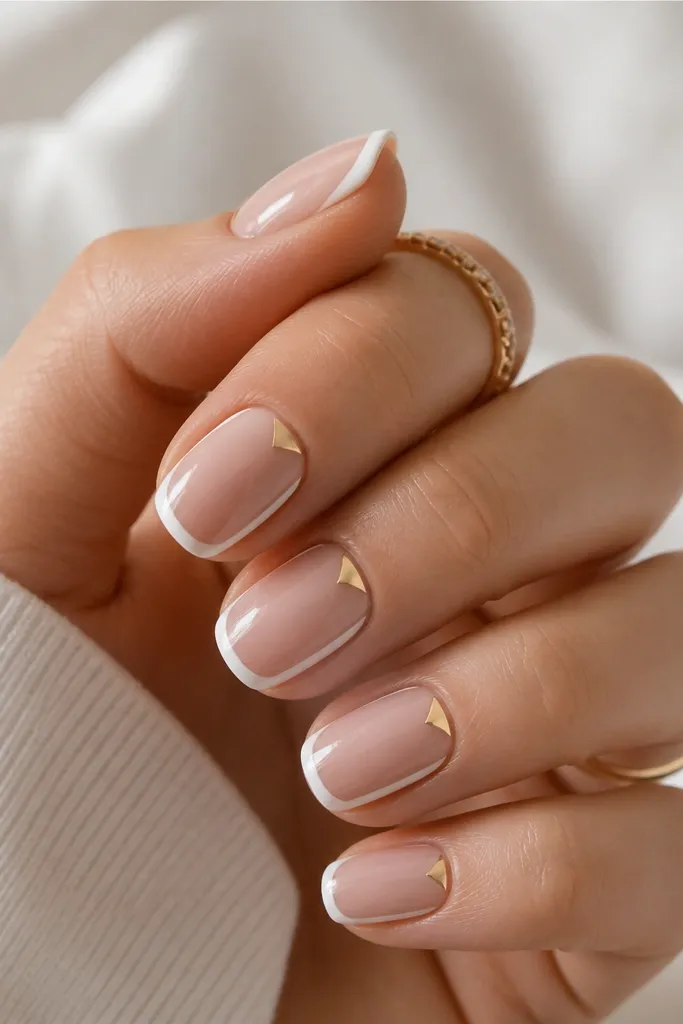 Nails have a nude base. There is a white frame line that outlines the free edge and sidewalls like a border. On each nail, the bottom corner near the cuticle has a small gold triangle or corner accent. Glossy finish.