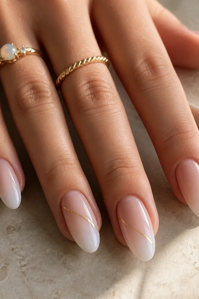 Nails are nude at the base and fade into white ombre at the tips. The ombre is smooth and airy, not harsh. A thin gold foil thread runs diagonally from mid-nail toward the tip on two nails, like a metallic line.