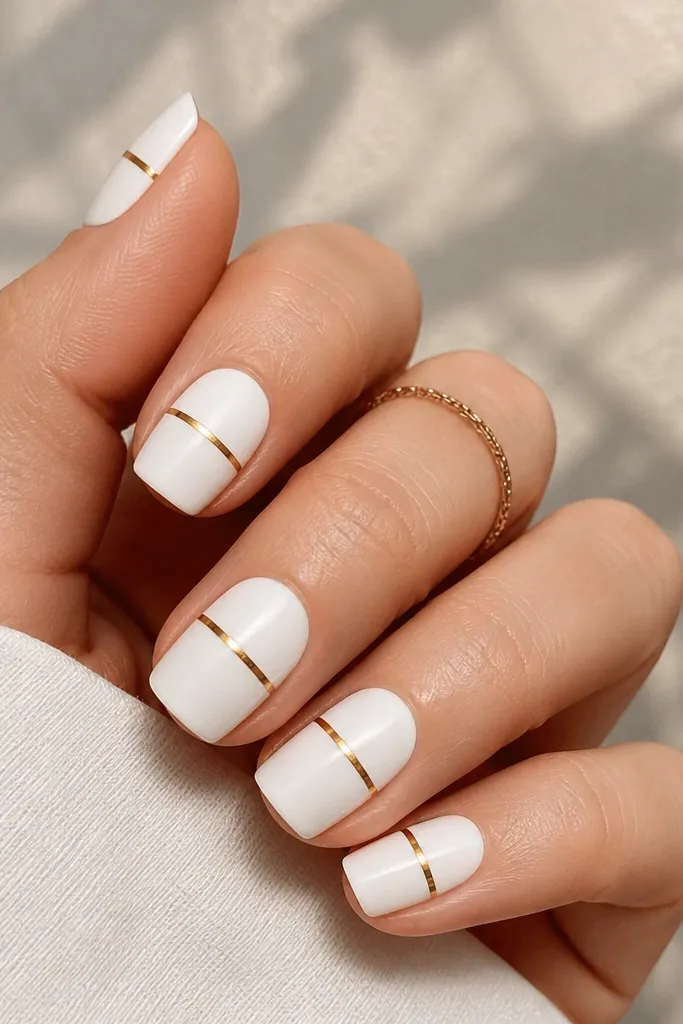 Nails are fully coated in matte opaque white, giving a soft powdery look. On each nail, there is one thin horizontal gold line near the middle that is glossy and mirror-like against the matte. The rest of the nail stays matte.