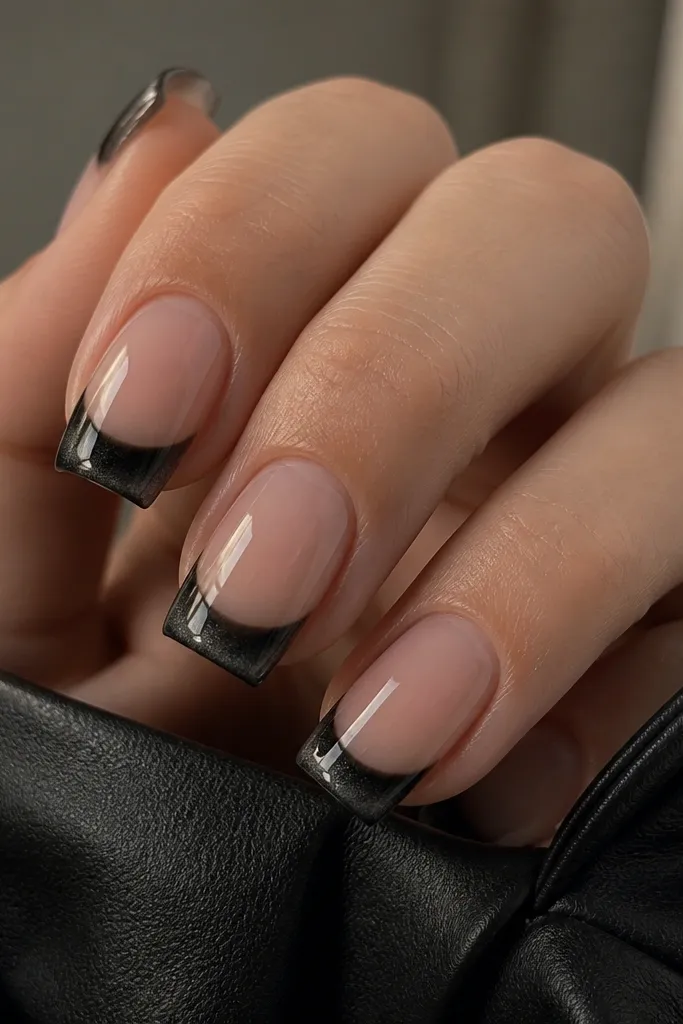 Square nails with a near-black cat-eye french tip. The shimmer pulls into a smooth arc across the tip, and there's a thin clear band at the very outer edge of the square tip. Glossy finish, dark and clean.