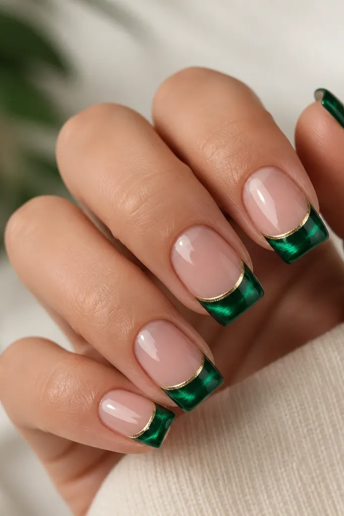 Square nails with emerald cat-eye french tips. The shimmer forms a bright green arc, and a super thin gold line outlines the french edge. Glossy top coat, emerald and gold contrast.