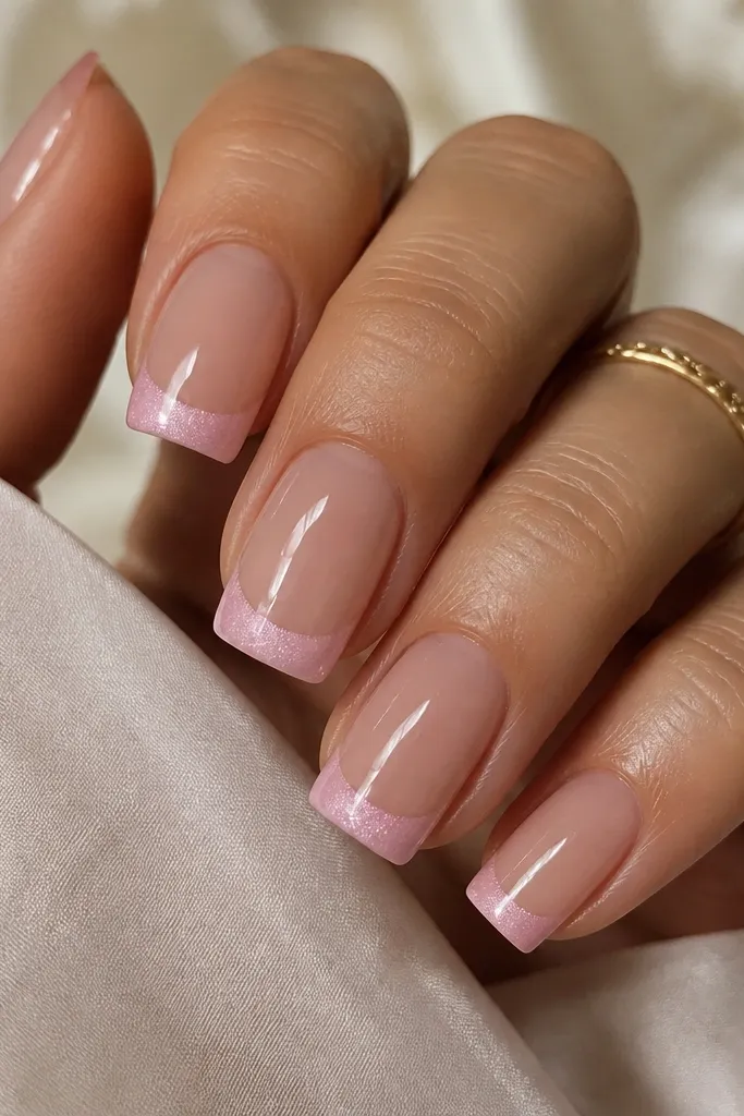 Square nails with a soft rose quartz cat-eye french tip. The shimmer pulls into a pale pink arc, and the base is blush nude. Overall look is glossy and delicate.