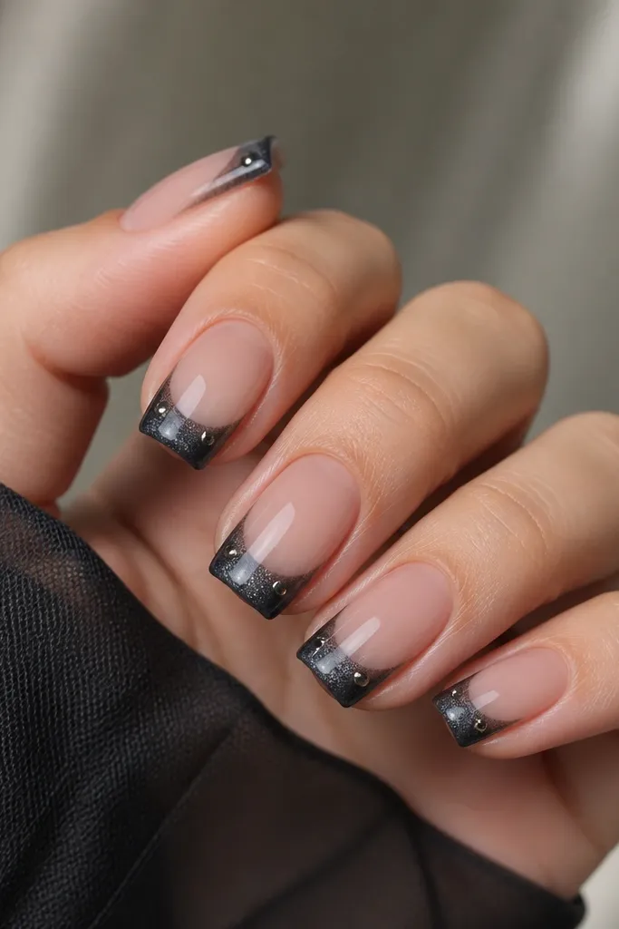 Square nails with charcoal cat-eye french tips. The shimmer creates a smoky arc. On each nail, there is one small silver dot placed near the outer top corner of the french tip. Shiny top coat.