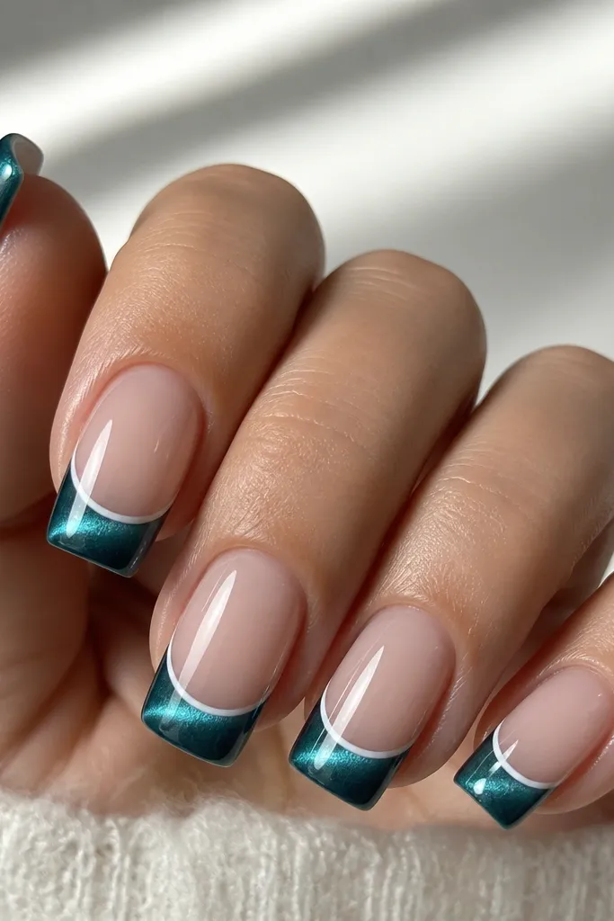 Square nails with teal cat-eye french tips. A thin white micro-curve line sits just above the shimmer arc across the tip. Clean glossy finish.