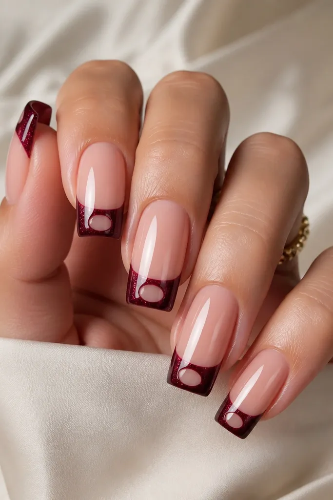 Square nails with burgundy cat-eye french tips. There is a nude negative space window in the center of the tip where the burgundy stops, creating a clear gap shaped like a small oval/rectangle. Glossy finish.