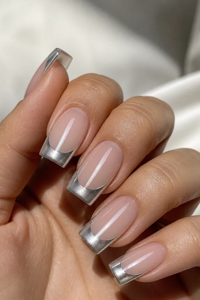 Square nails with a clear jelly base and silver chrome cat-eye french tips. The shimmer arc looks bright and metallic, and the nails look glassy. High shine, clean edges.