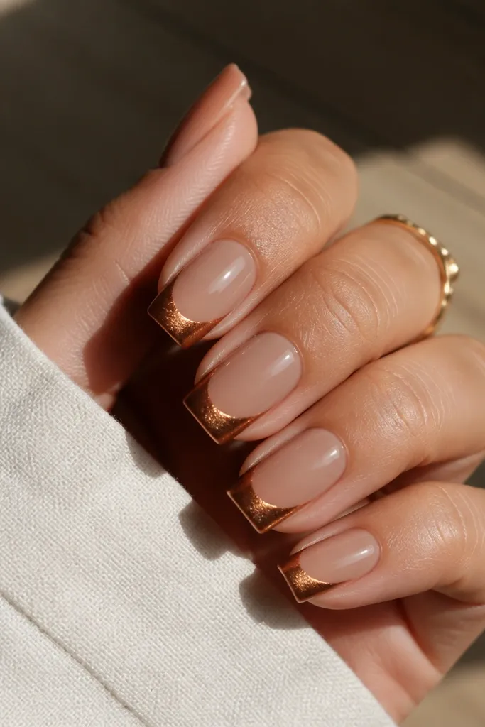 Square nails with caramel nude base and gold bronze cat-eye french tips. The shimmer arc looks warm and metallic, with a soft honey glow. Glossy top coat.