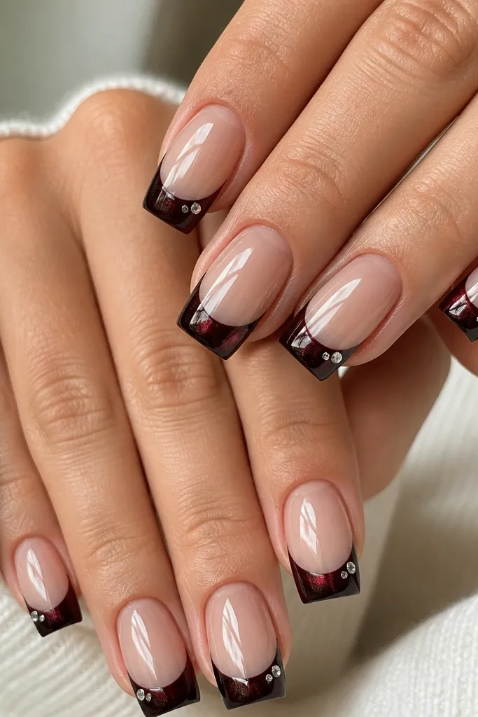 Square nails with black cherry cat-eye french tips. The shimmer arc is deep and glossy. On the tip near the outer corner, there are two tiny clear rhinestones set close together. Clean, shiny finish.