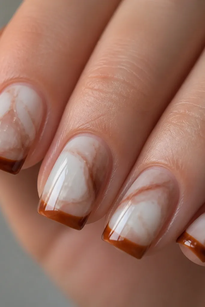 Close-up of short squoval nails. The base is a sheer milky nude. The tortoise shell pattern is made of thin caramel-brown and taupe swirls with a glossy finish. The French tips are a clean squoval edge in a warm amber-brown gradient, with the tip line crisp and slightly thicker at the center.