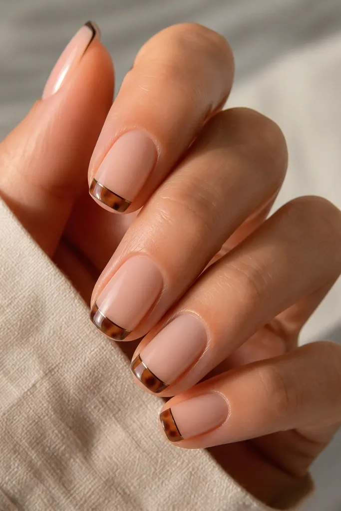 Medium-length nails with a rounded squoval shape. The base is clear-glossy nude. Near the tip, there are dark tortoise blotches only in thin bands. The French tip is a very narrow dark espresso line, like a micro border, with the rest of the tip area left mostly nude.