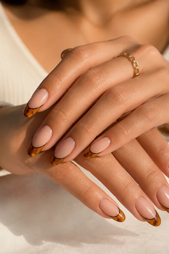 Almond nails with a warm nude base. Tortoise shell is honey-gold with caramel streaks and tiny darker flecks. The French tips are almond-shaped in a golden brown gradient. A super thin black line traces the inside edge of the French tip, like a border, and the whole set is glossy.