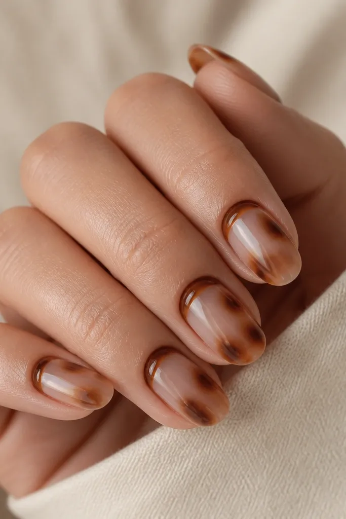 Short to medium nails with a clear jelly base. Tortoise shell appears as semi-transparent brown patches across the nail, especially toward the outer half. Instead of a classic tip, there's a reverse French line near the cuticle area in a warm tortoise brown band, leaving the rest airy and see-through.