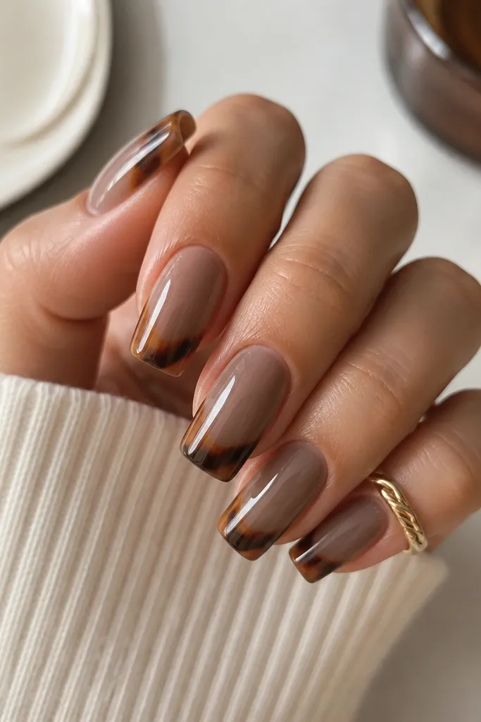 Medium-length squoval nails. The French tip is beveled, with one side slightly thicker and angled. The tortoise pattern is split into two tone layers: warm caramel on the outer half and cool taupe on the inner half. The tip has a crisp angled edge and a high-gloss finish.