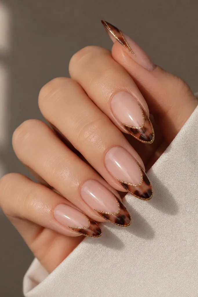 Long almond nails with a sheer nude base. The tortoise shell is subtle, with caramel and taupe blotches concentrated toward the outer half. The French tip is classic almond, and around the outer edge of the tip there is a micro glitter halo. The inner tip stays tortoise-brown and glossy, with tiny sparkles only on the perimeter.