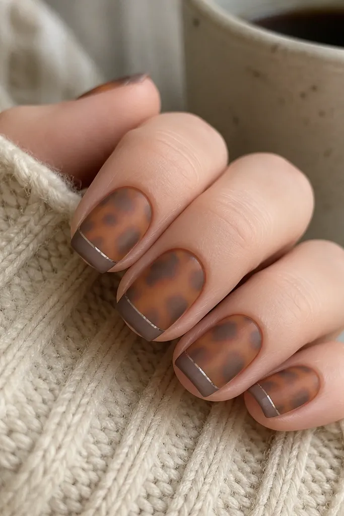Short round nails. The tortoise shell base is done in caramel and taupe with a matte finish. The French tip is also matte, but there is a thin glossy line tracing the tip edge so it looks like a highlighted border. The contrast between matte body and glossy edge is sharp and intentional.