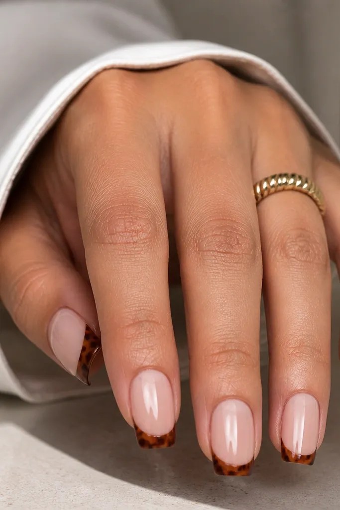 Ring and middle nails have classic tortoise French tips on a nude base. The pinky nail has a half-moon cutout near the cuticle where the nude base shows through, and the tortoise pattern starts slightly lower. The French tip on the pinky is thinner and more delicate. The set is glossy and coordinated.